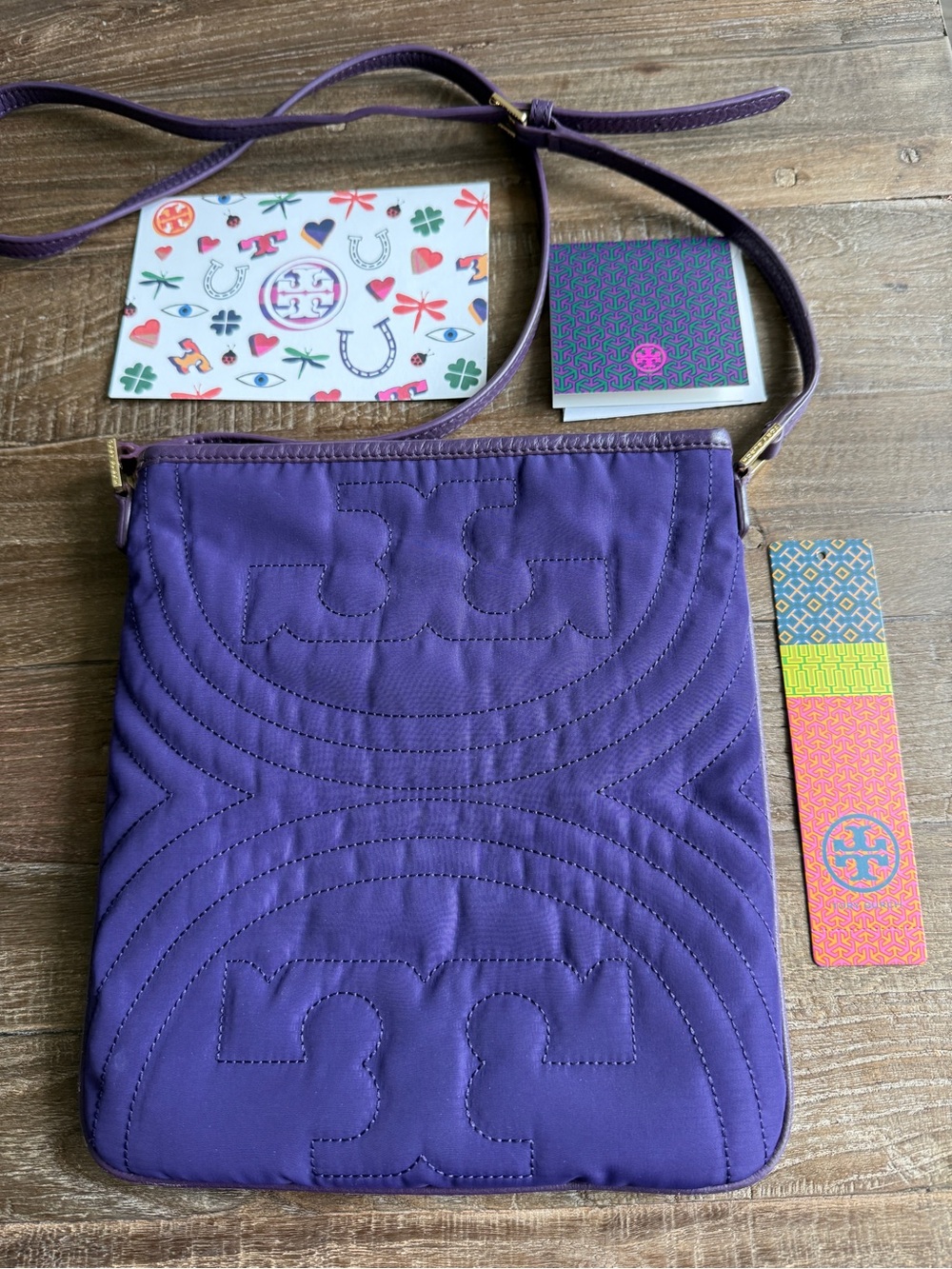 Tory Burch Purple Quilted Women adjustable Crossbody with Logo Stitching